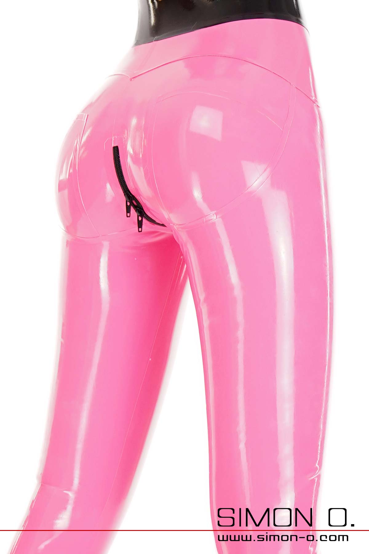 Detail photo of a pink latex catsuit with zip in the crotch and push up buttocks area.