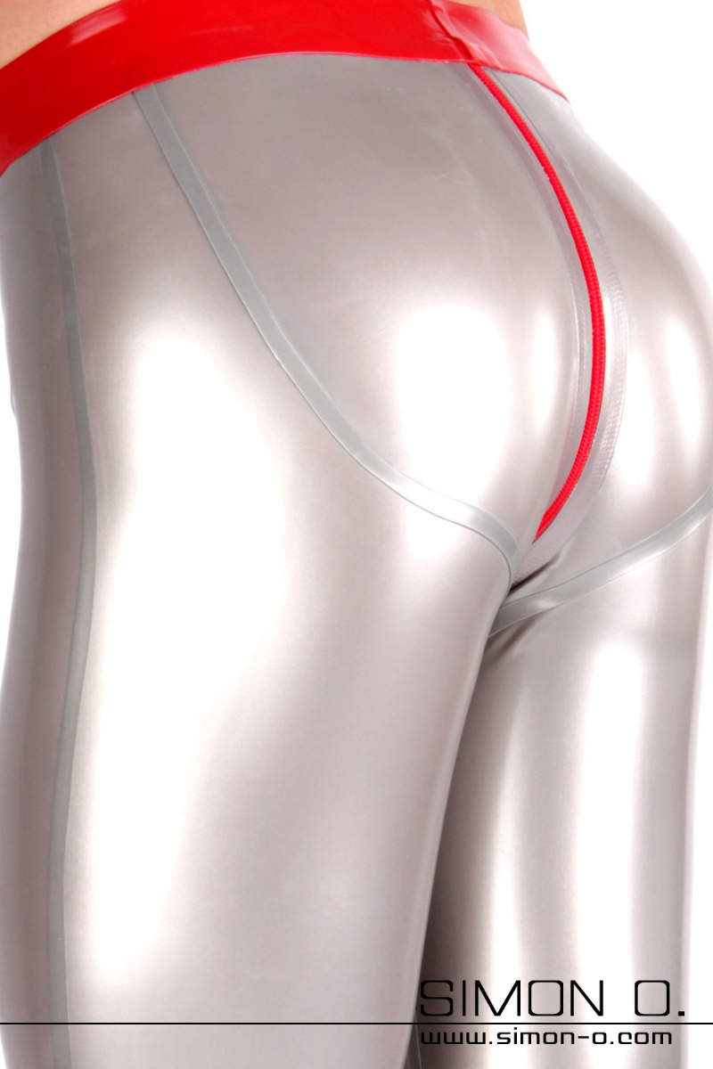 Detail photo of a push up latex leggings in silver with red zipper through the crotch - seen from behind