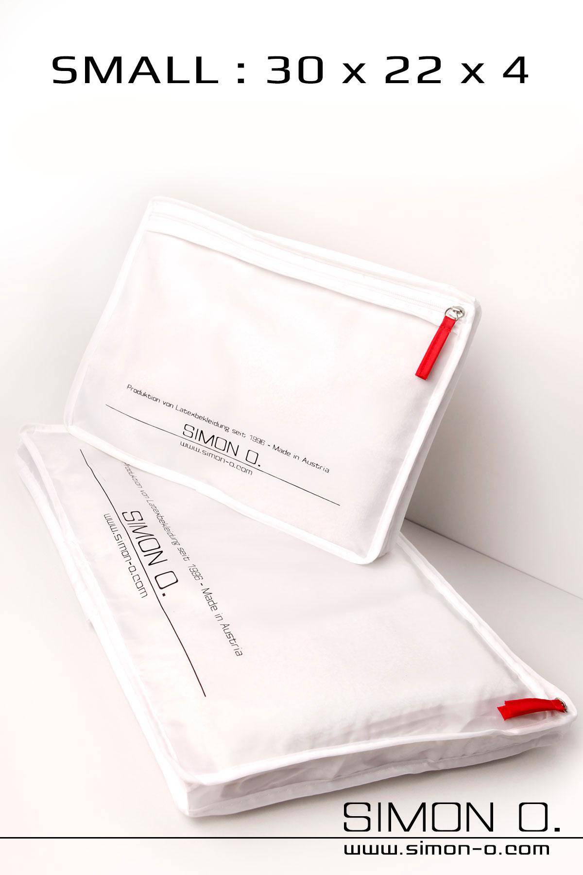 Small white Simon O. Storage bag for latex clothes with zip and logo print