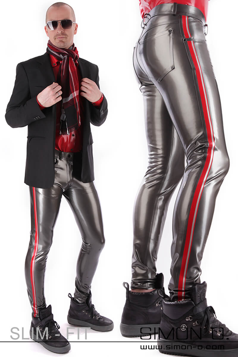 Slim fit latex trousers for men with contrasting colored stripes on the sides. The trousers are metallic anthracite and have a shiny surface.