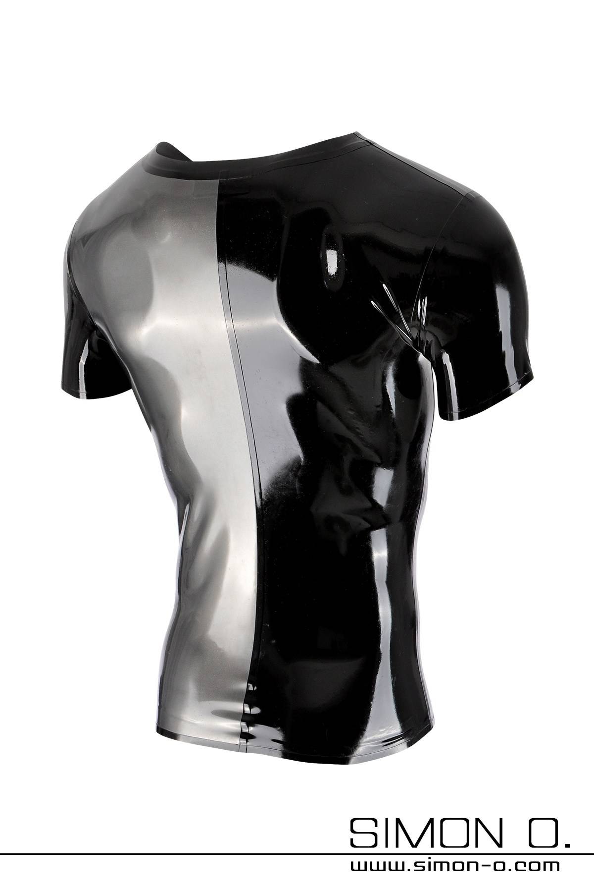 Short sleeve latex shirt two colors with Simon O. logo. One half is metallic silver and the other half is black.