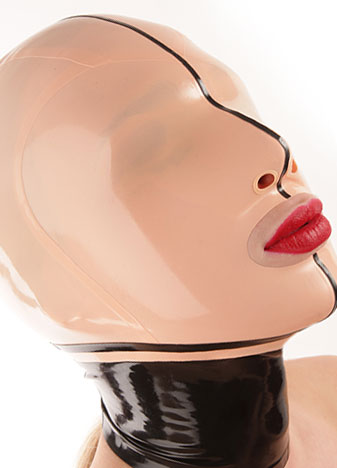 One person is wearing a skin-coloured latex mask with black stitching, which covers the face and neck without wrinkles. Strong red lipstick adorns the lips of the mask against a bright white background.