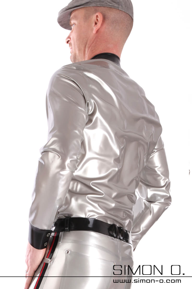 Glossy latex men shirt in silver with lapel collar in black seen from behind