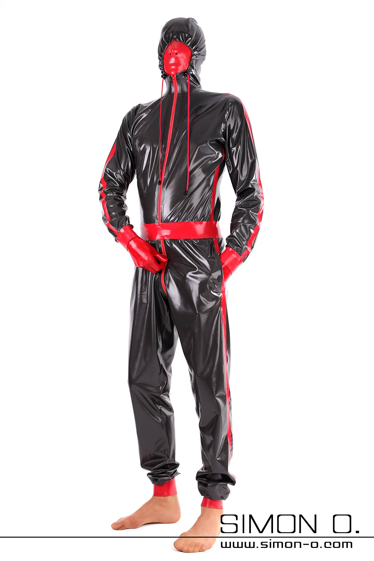 A gentleman wearing a shiny hooded latex suit with mask