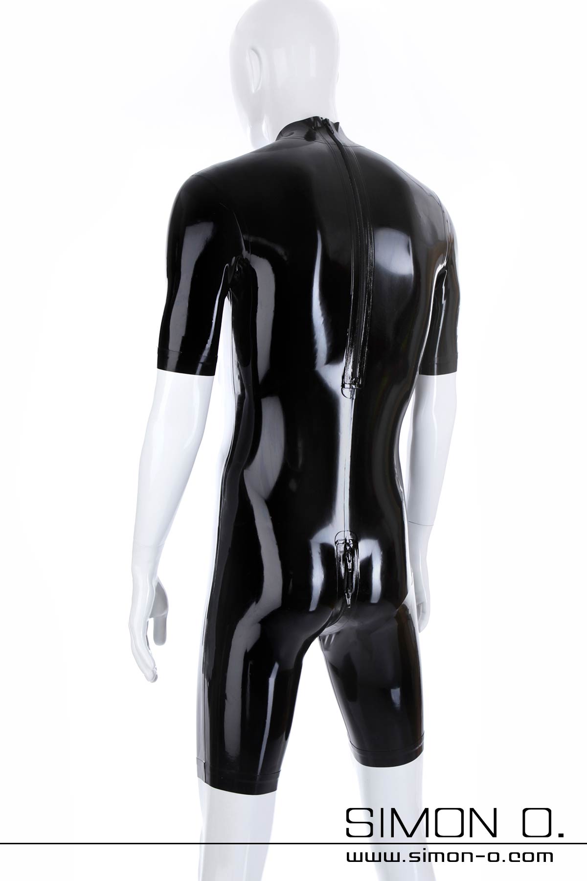 Latex Bodysuit in Schwarz mit kurzen Armen und Beinen von hinten gesehen