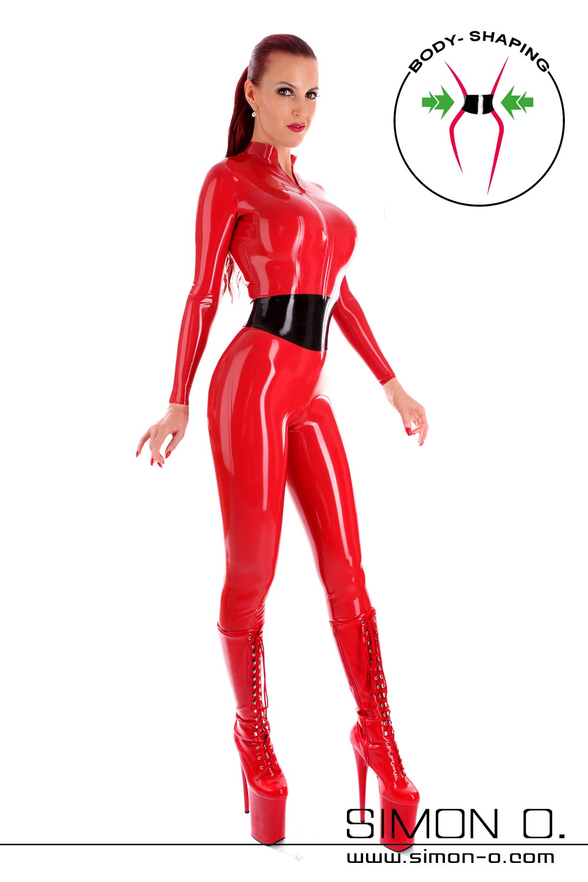 Hautenger schwarzer Latex Catsuit mit Zipp im Schritt und eingearbeiteten rotem Mieder