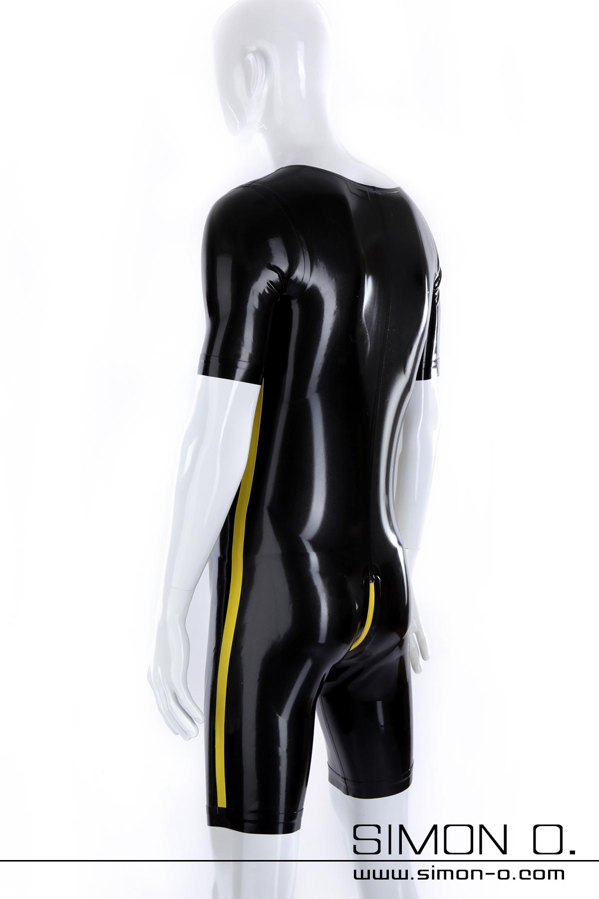 Black short sleeve latex bodysuit with yellow zipper and yellow side stripes