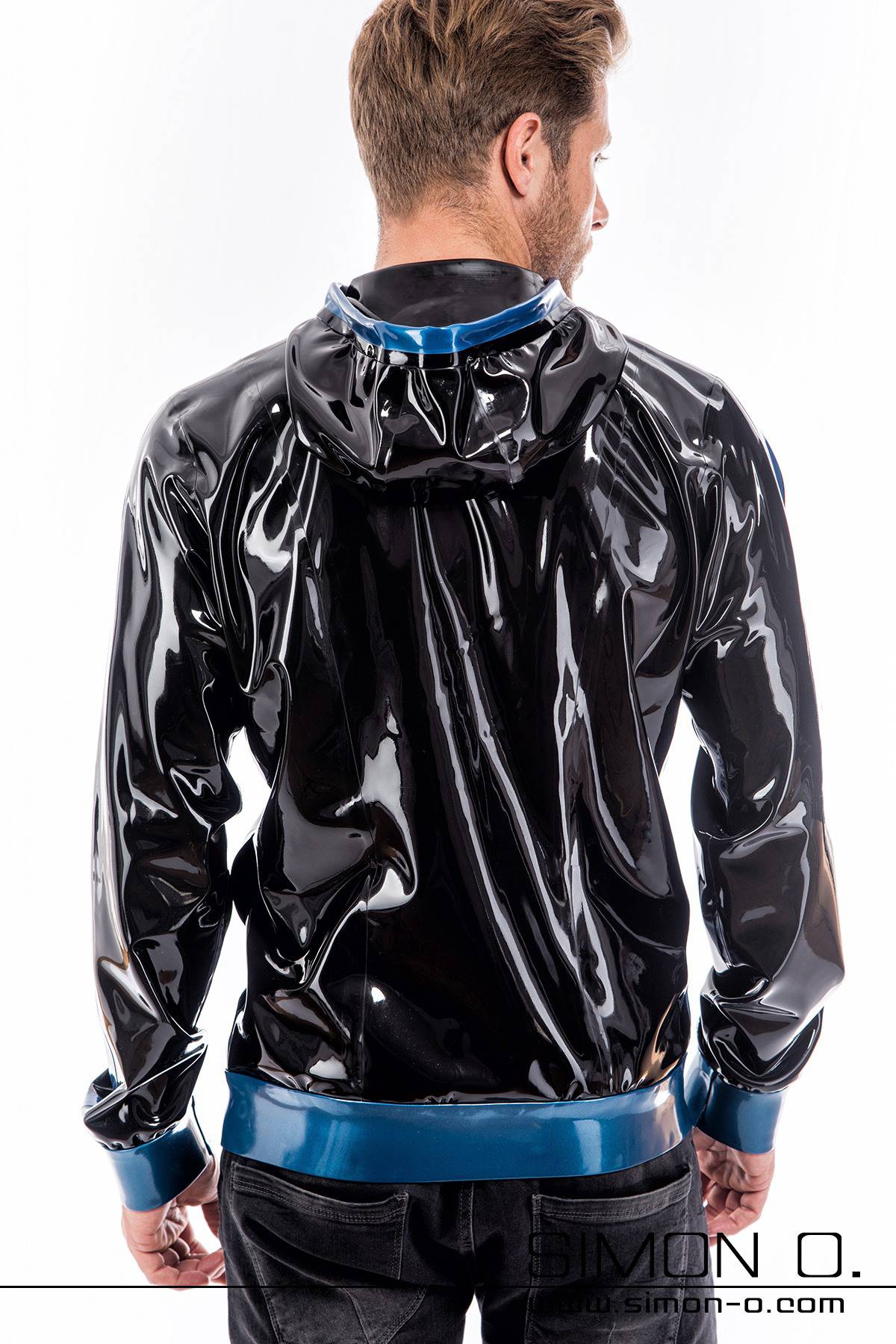 Shiny training latex jacket with pockets and hood in black combined with blue