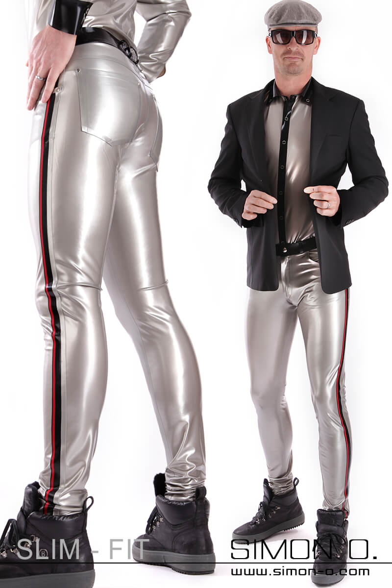 Skin-tight latex trousers for men in silver with contrasting colored stripes on the sides.