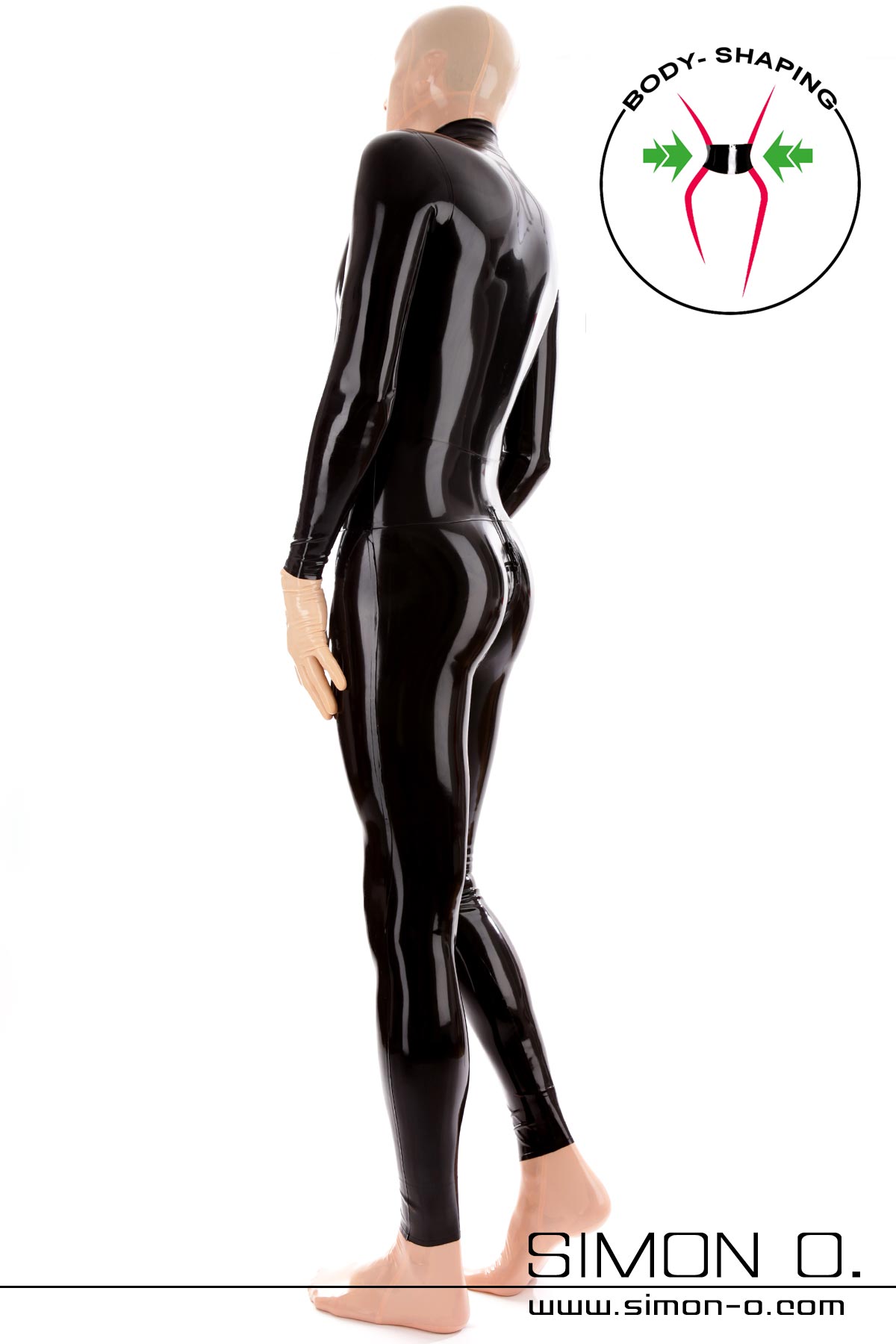 Men's latex catsuit with zip in the crotch and incorporated corset in shiny black seen from behind