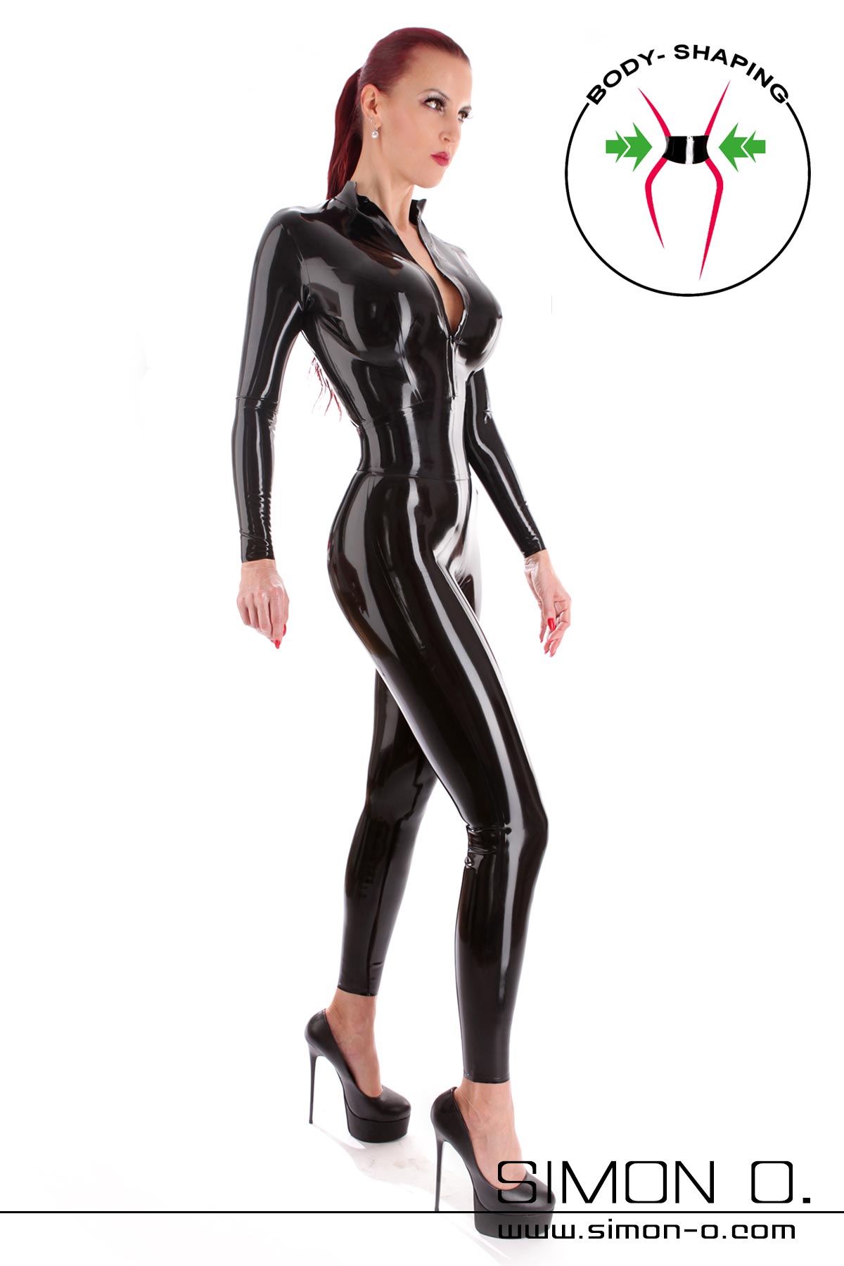 Skin tight latex catsuit with zip in front and incorporated corset in shiny black