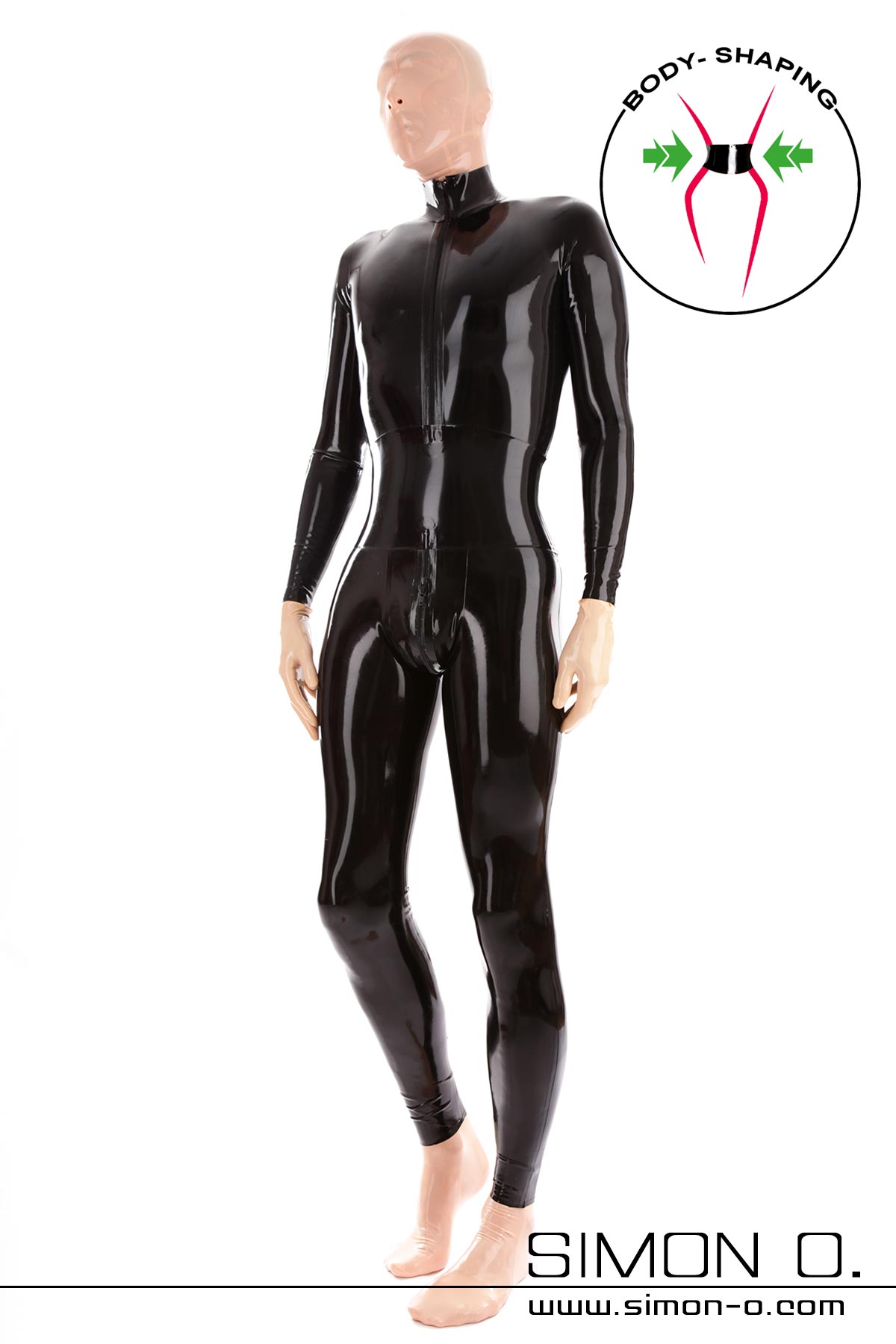 A man wears a latex catsuit with a corset in black and a latex mask, latex gloves and socks in skin color.