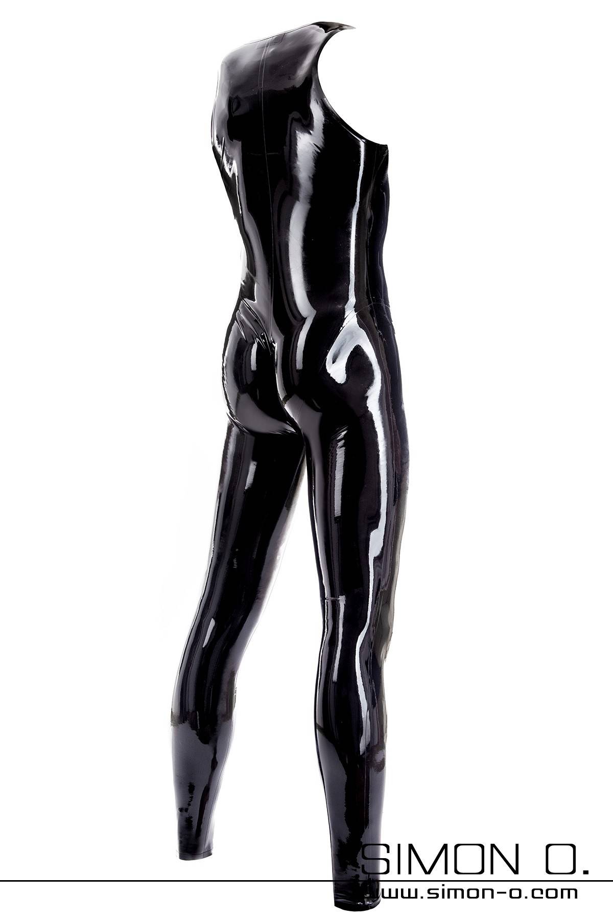 A skintight shiny latex suit in black with round neckline from behind