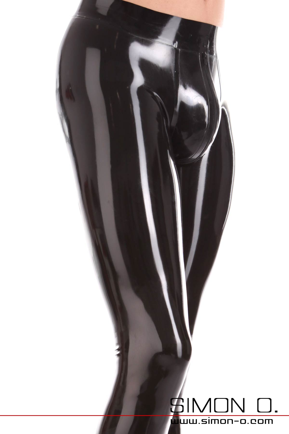 Detail photo skintight latex leggings for men with shaped genital area and zip in the crotch.