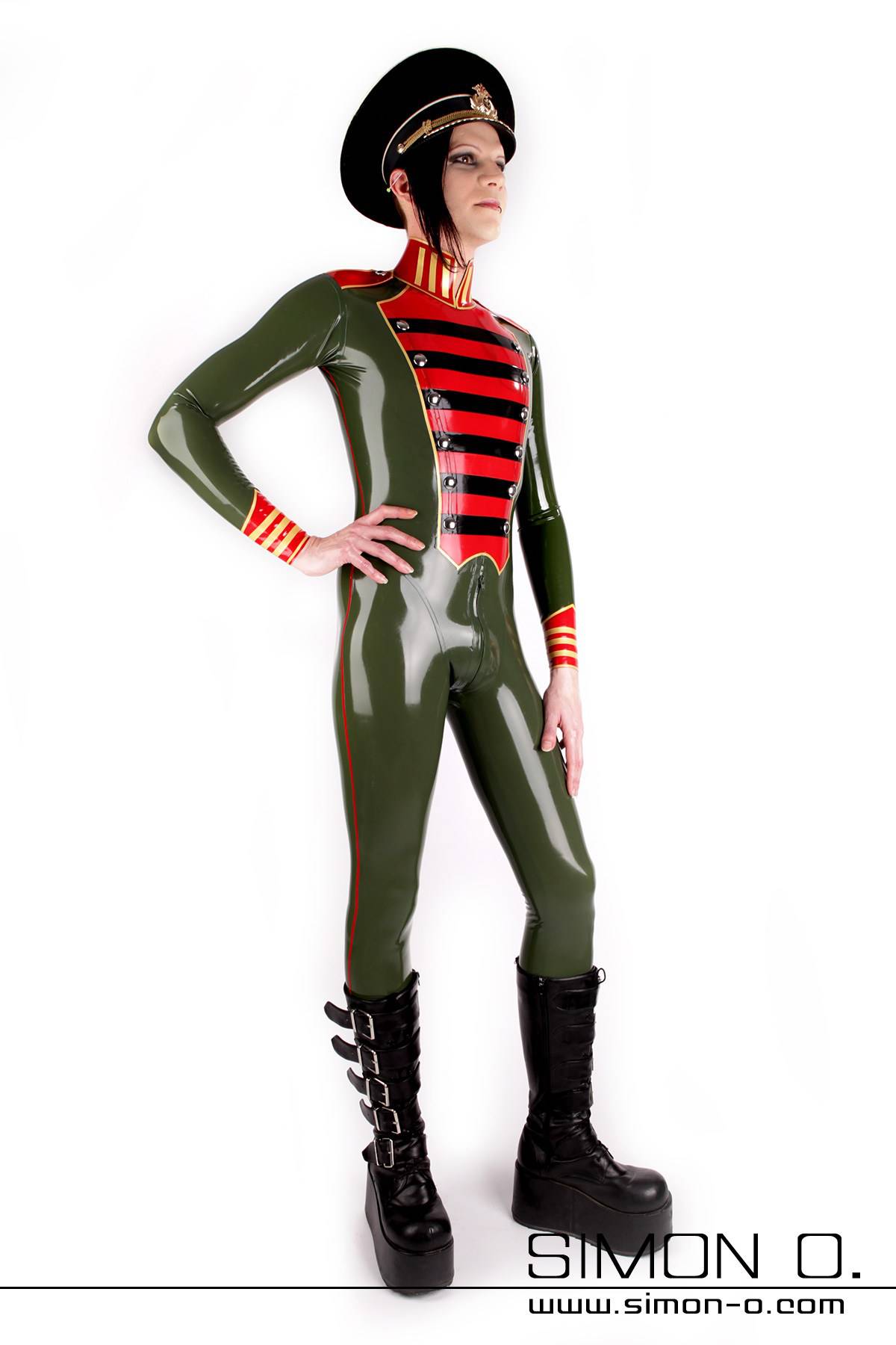 Latex Overall für Herren in Uniform Stil in Olive Grün mit Schwarzen roten und goldenen Applikationen