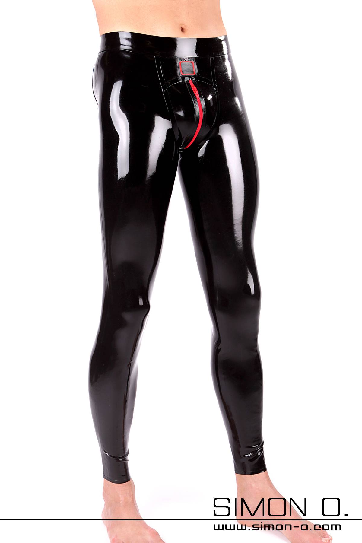 Wet look latex leggings with red zipper in the crotch. Tight fit with anatomically shaped crotch for men.