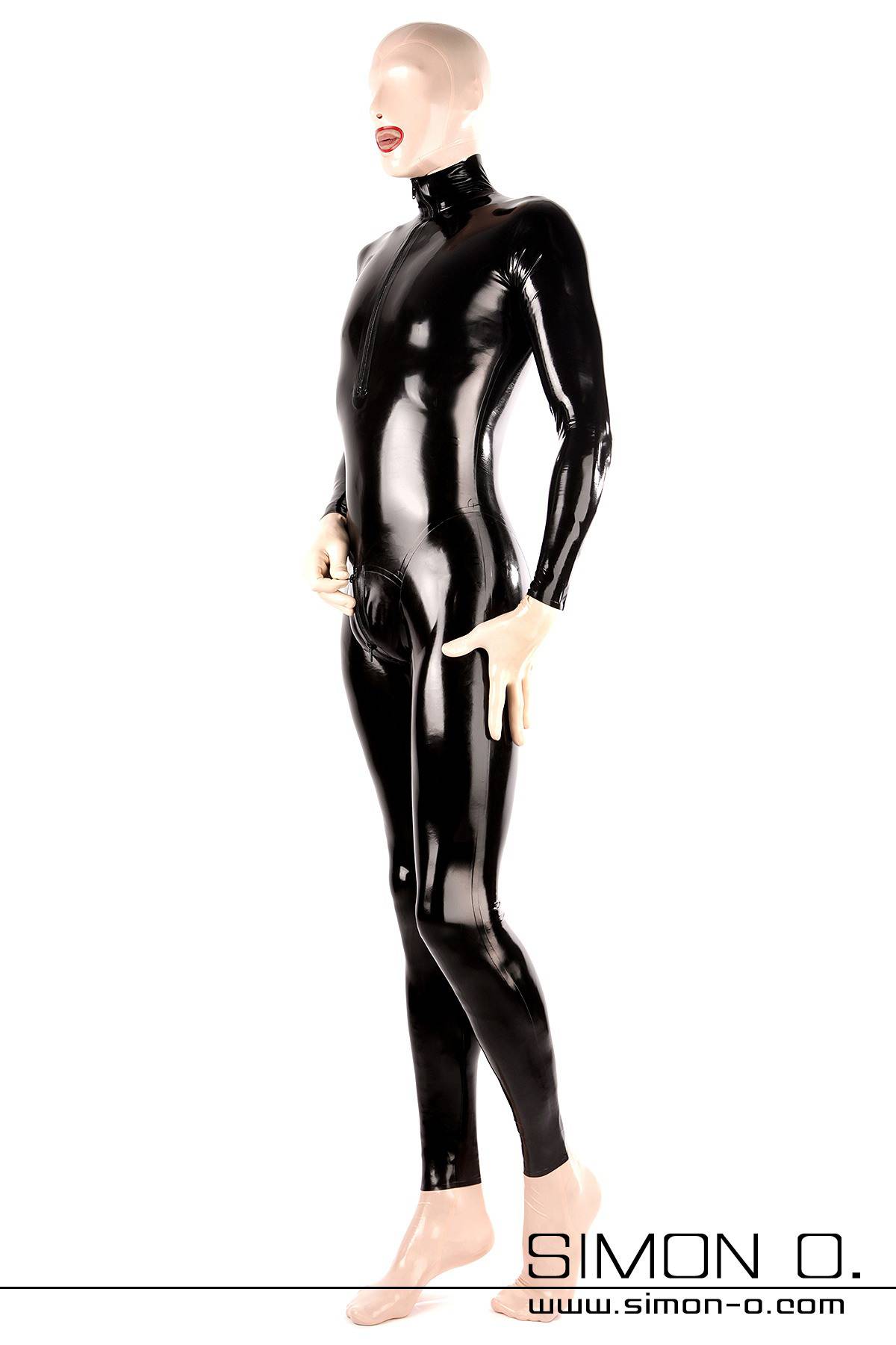 Shiny skintight latex suit with crotch zipper in black