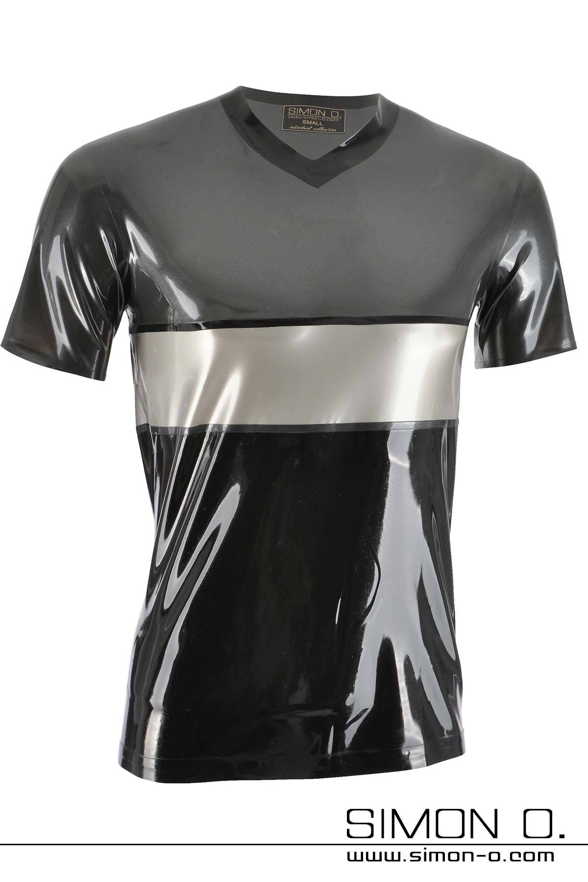 Dreifarbiges kurzarm Latex Shirt in den Farben metallic grau, silber und Schwarz