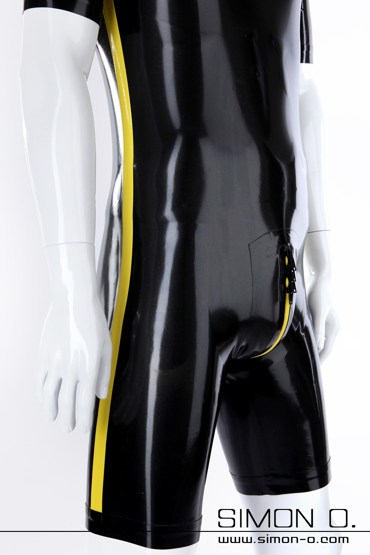 Black latex bodysuit with stripes and zipper in contrasting colour