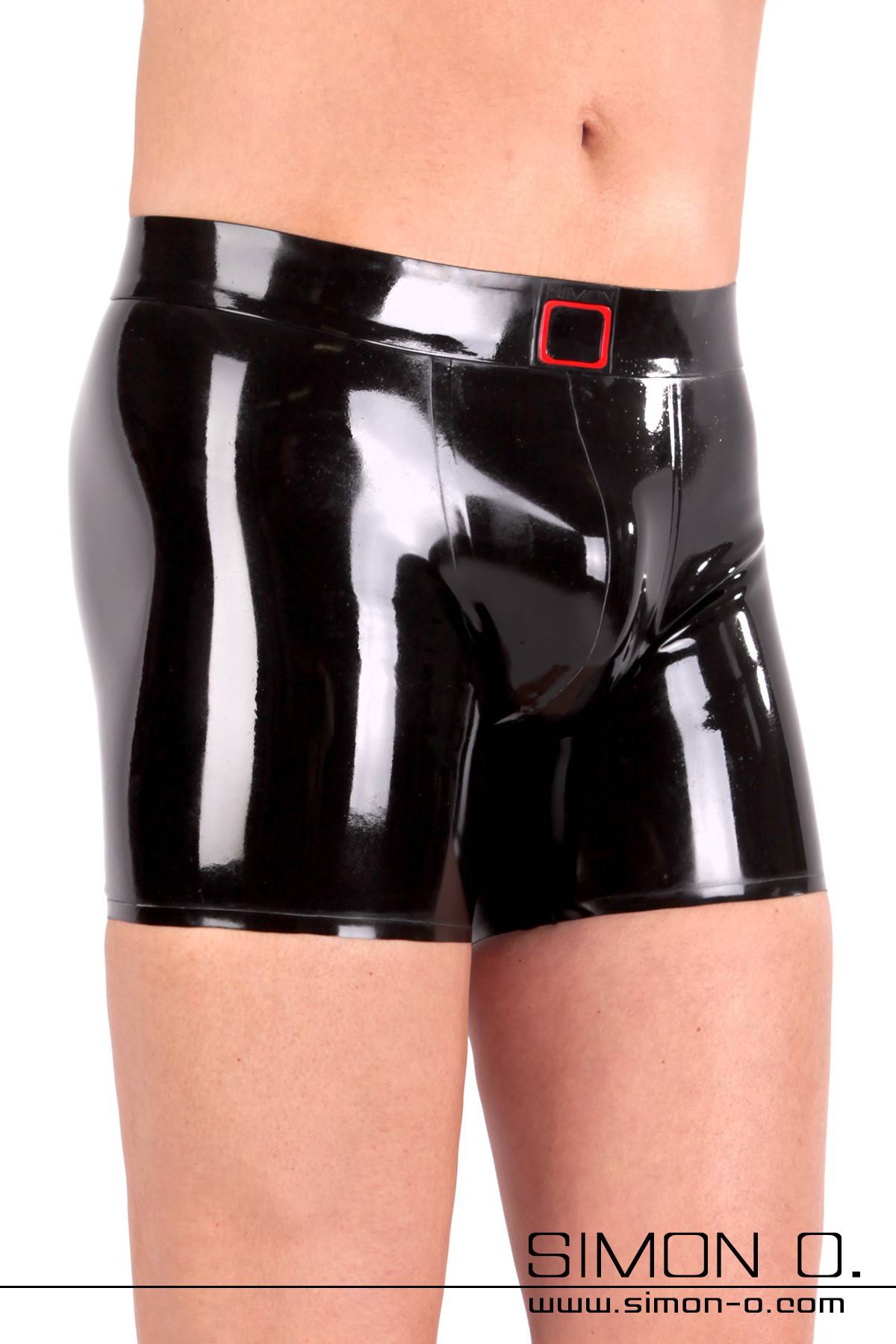 Black shiny latex shorts for men with Simon O. logo on the waistband