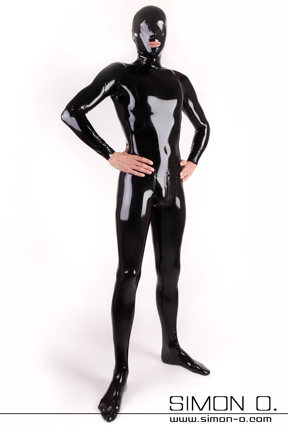 Skin tight full body latex zentai catsuit for men with sock mask and zipper in crotch