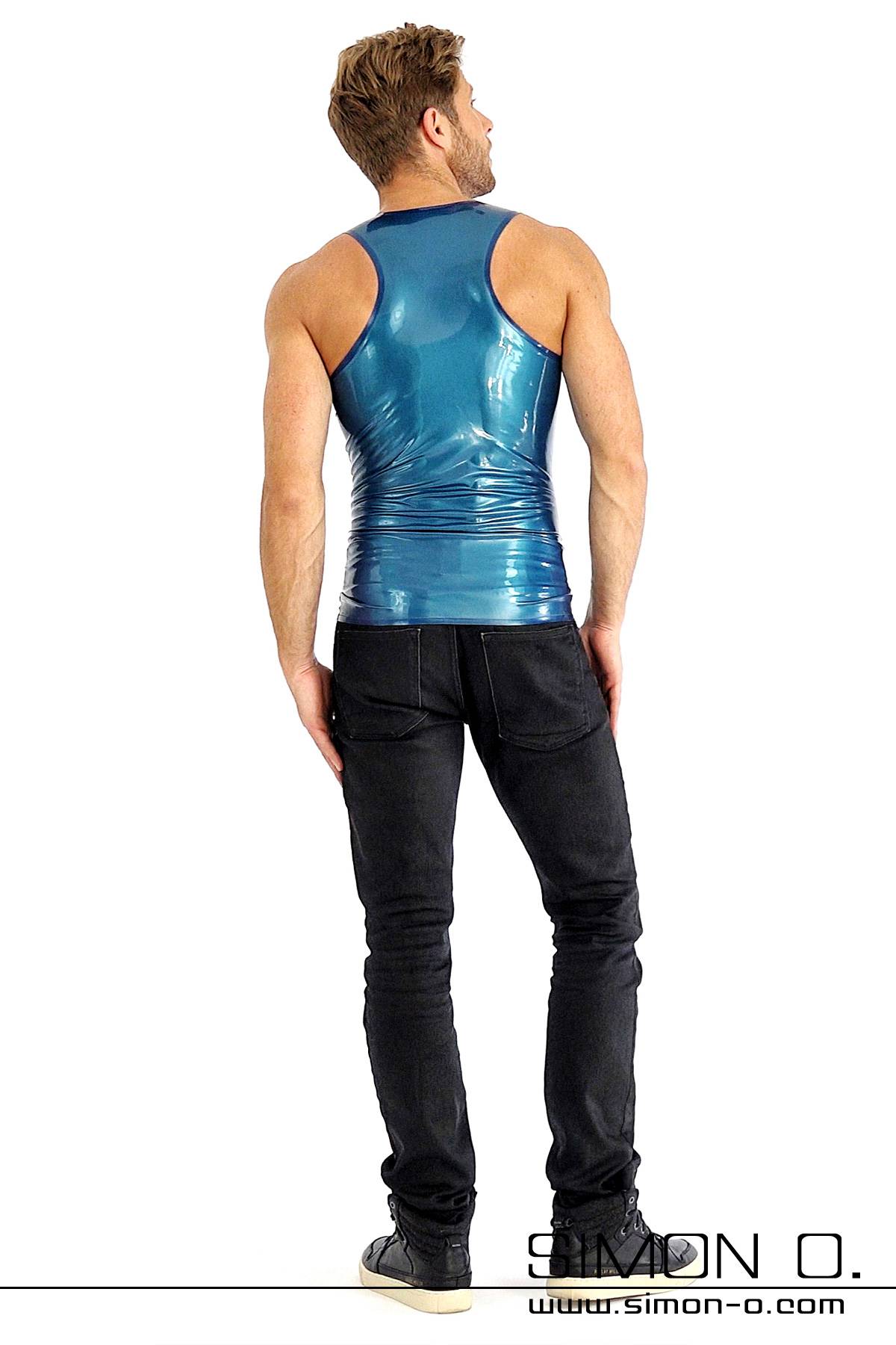 Sleeveless latex shirt in blue with round neckline seen from behind