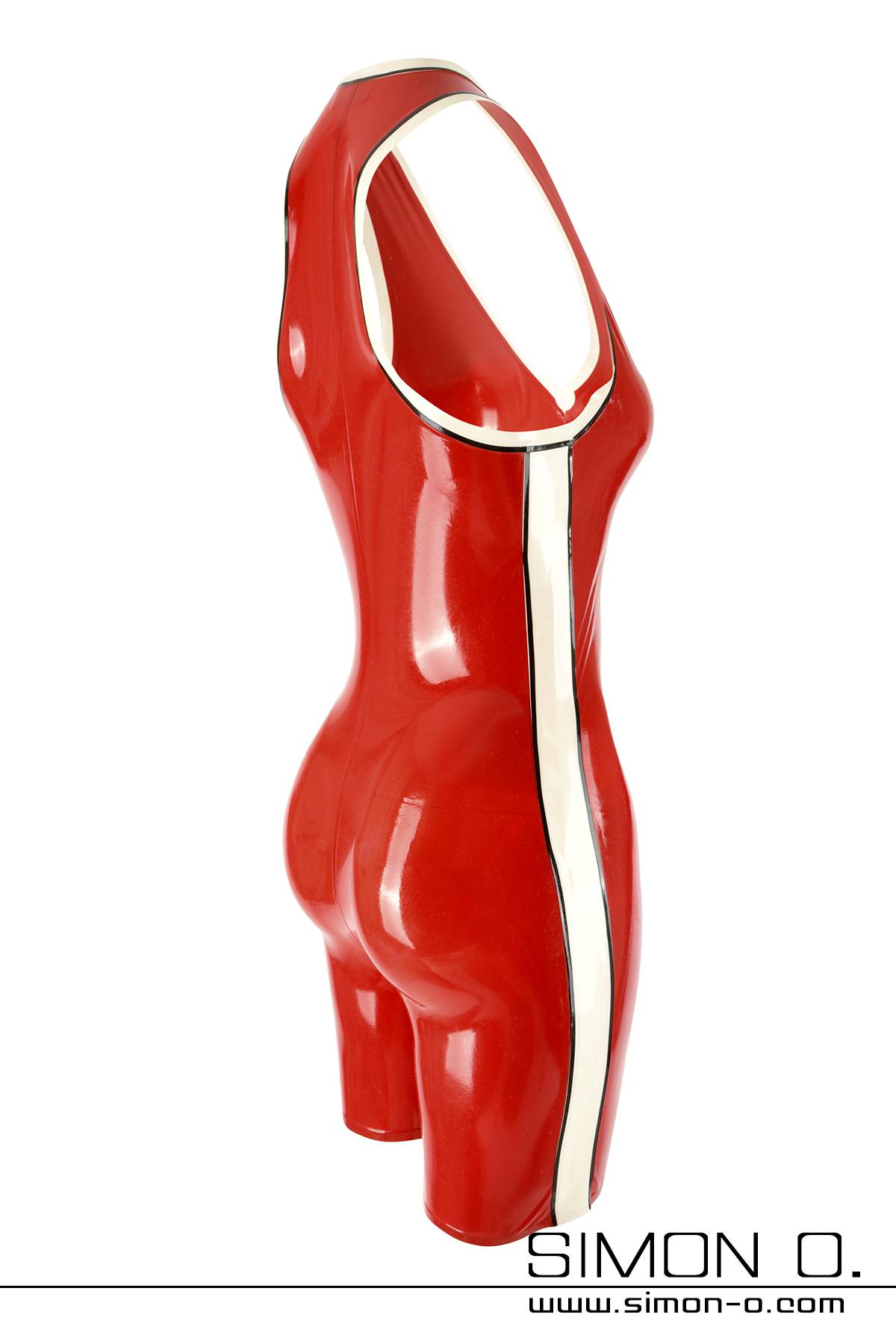 Shiny latex leotard in red with colour contrasting stripes in white with black seen from the side