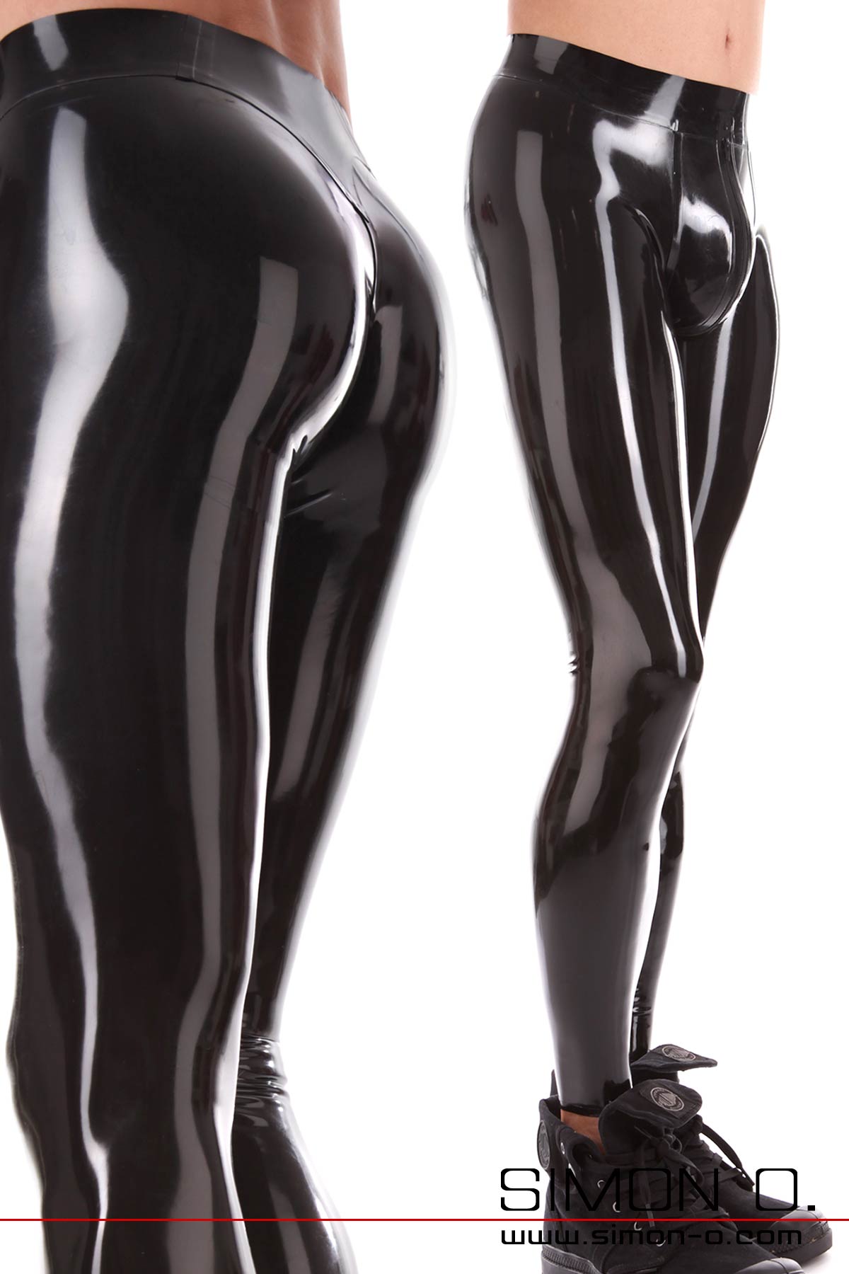 Hautenge schwarze glänzende Latex Leggings für Herren mit ausgeformten Genitalbereich und Zipp im Schritt.