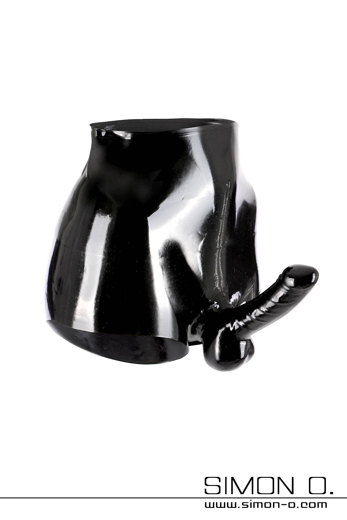 Black latex shorts with a front attached dildo with the shape of a realistic penis with scrotum bag