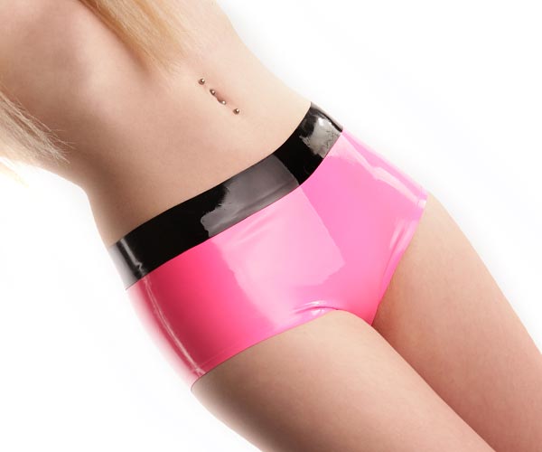 Latex hot pants for women in pink with black waistband.