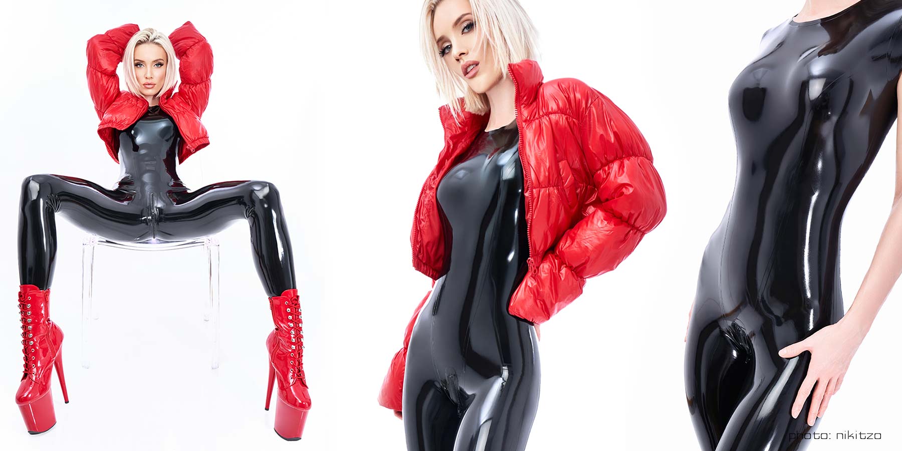 Eine Frau niet in einen hautengen glänzenden schwarzen Latex Catsuit mit Krageneinstieg und Zipp im Schritt.