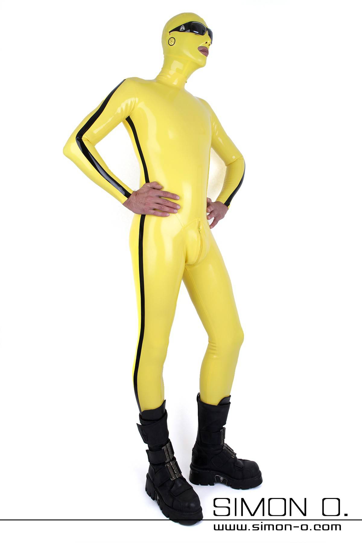 Yellow latex suit with mask for men with hanky code black stripe