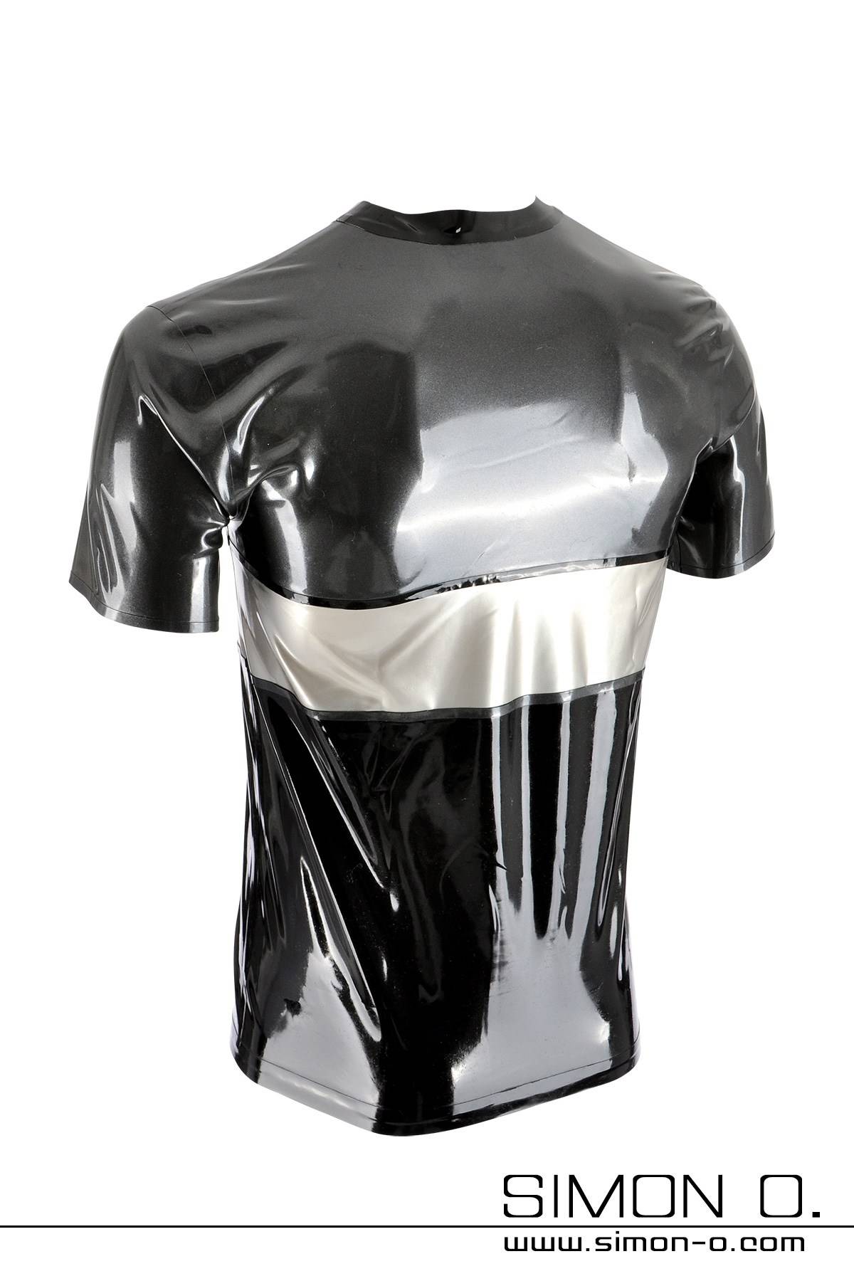 Short sleeve latex shirt in three-coloured design in metallic grey, silver and black