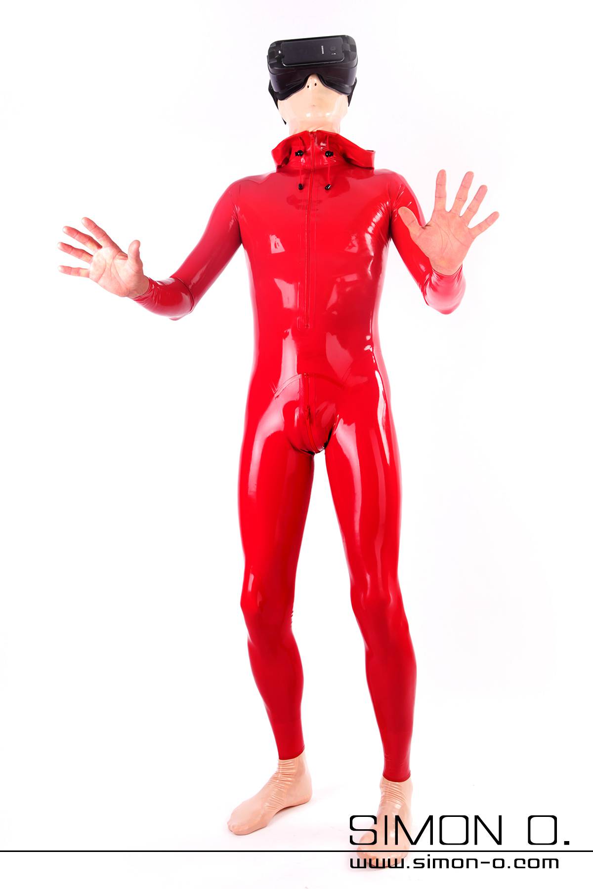 Wet shiny red hoodie latex suit with skin tight fit and a crotch zipper