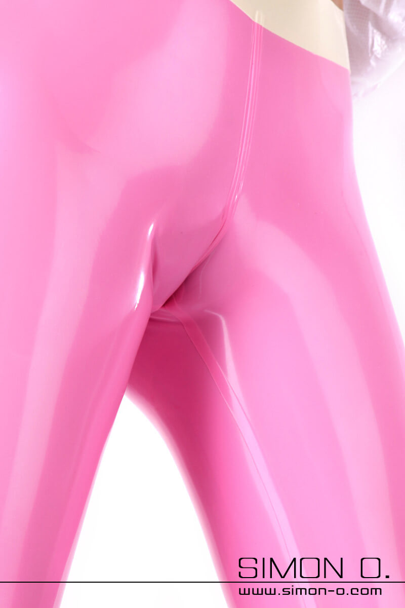 Latex Leggings in Pink mit weiß. Hautenge Leggigs mit weißen Bund. Die Naht zieht sich in den Schrittbereich