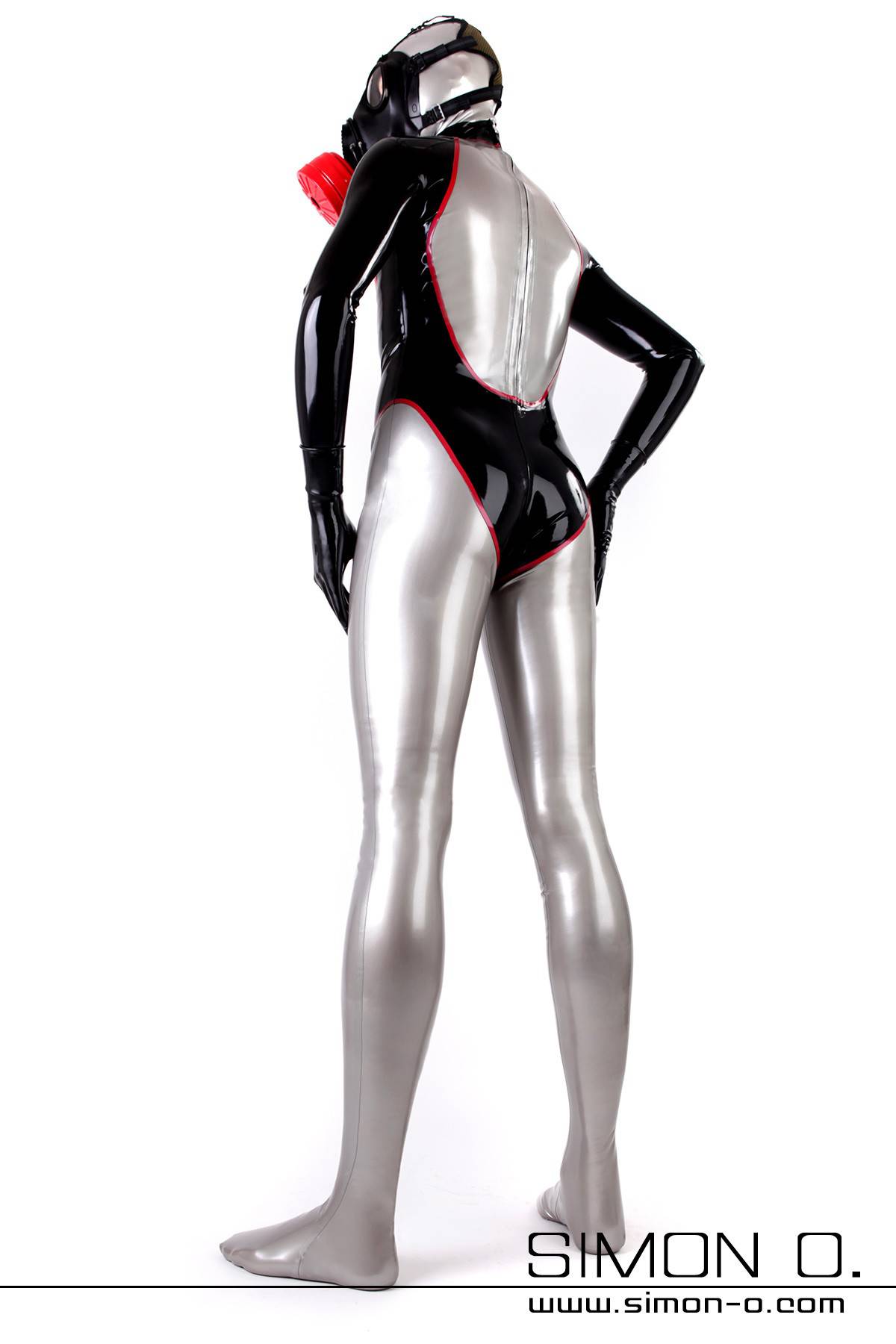 Latex suit with socks and gloves in silver with black and red decoration