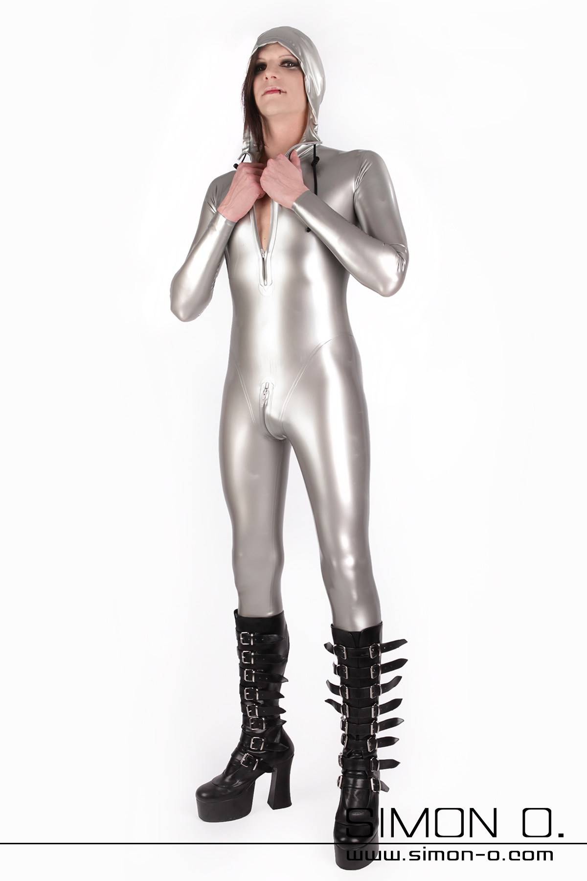 latex suit with hood and black cord in silver with skintight fit from the front