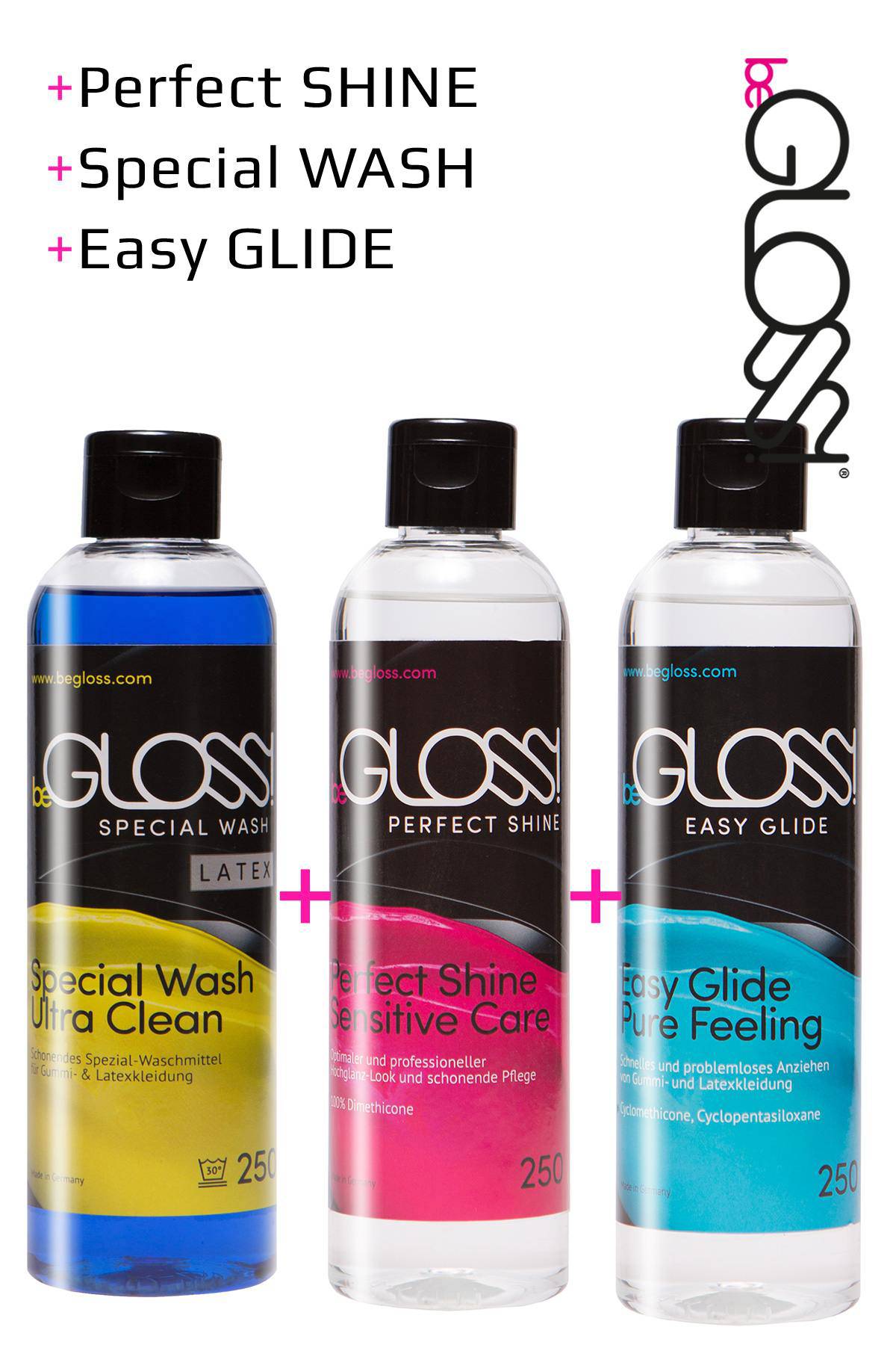 Latex care set from beGloss consisting of detergent, a dressing aid and a latex polish for pefect shiny latex clothing