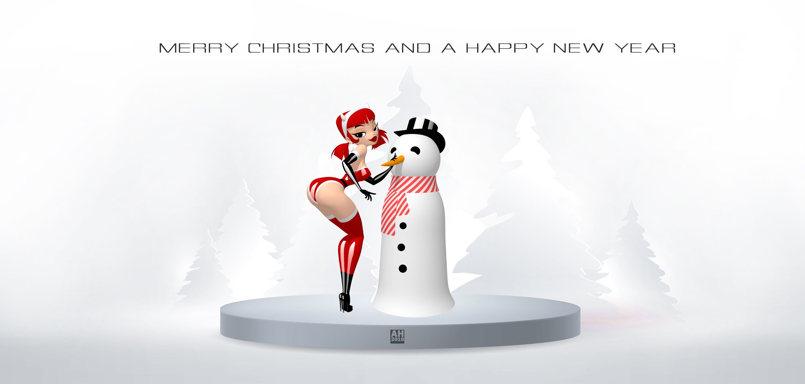 A cartoon latex girl in a festive latex outfit poses with a snowman on a round platform. White tree silhouettes can be seen in the background. The text reads “Merry Christmas and a Happy New Year”.