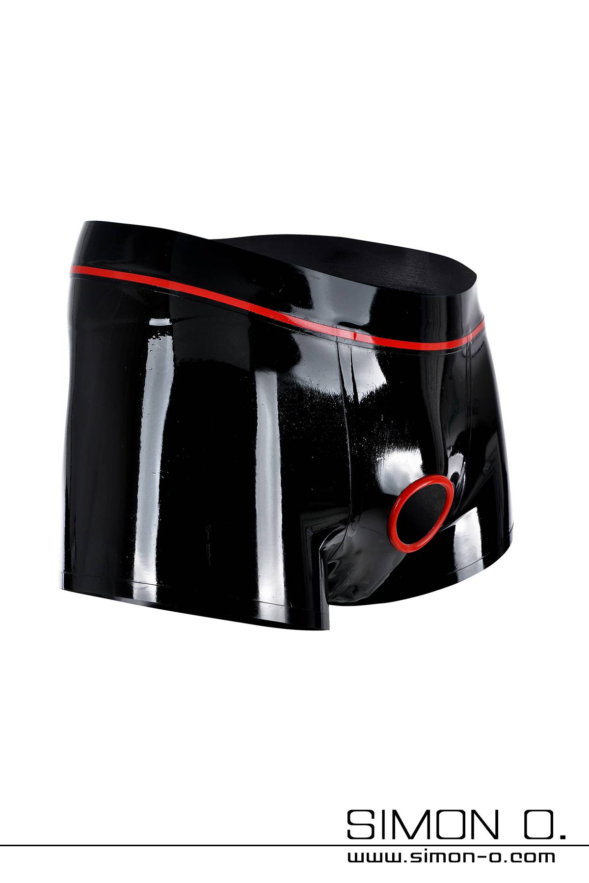 A black shiny latex shorts with a red penis ring