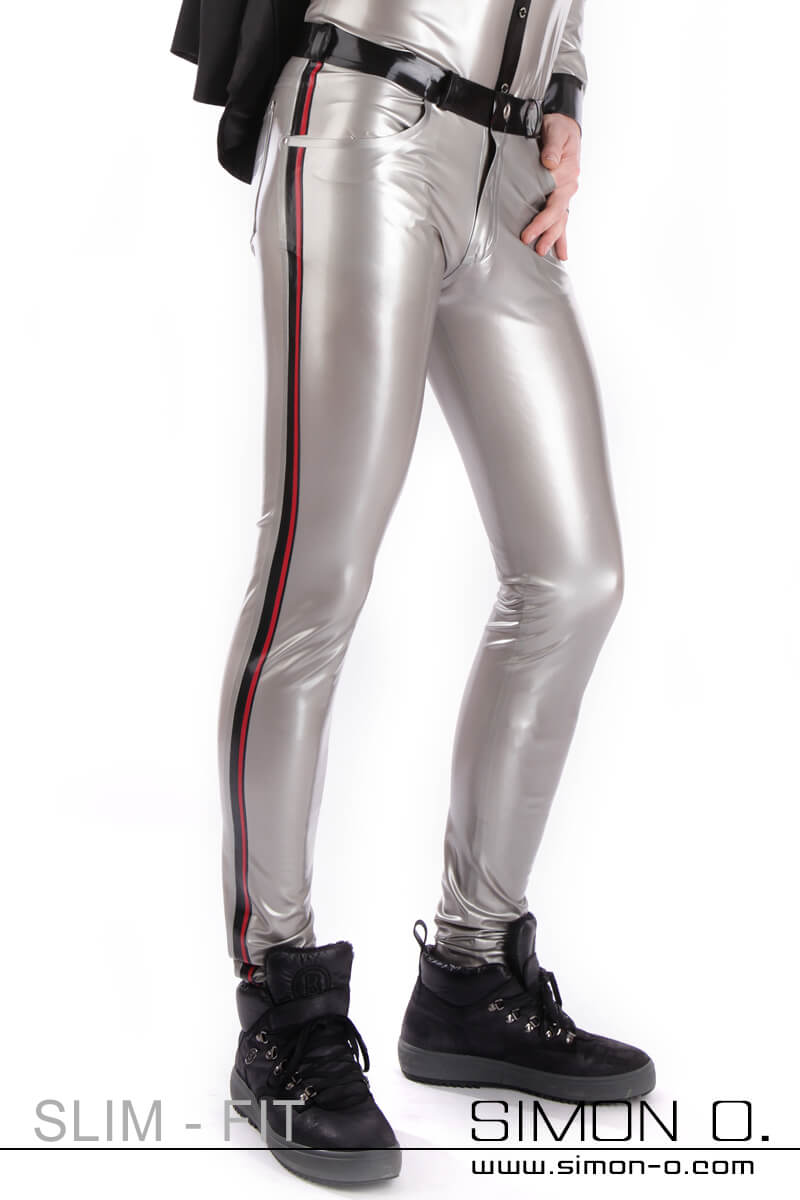 Tight latex trousers for men with contrasting colored side stripes. Shiny surface in silver.