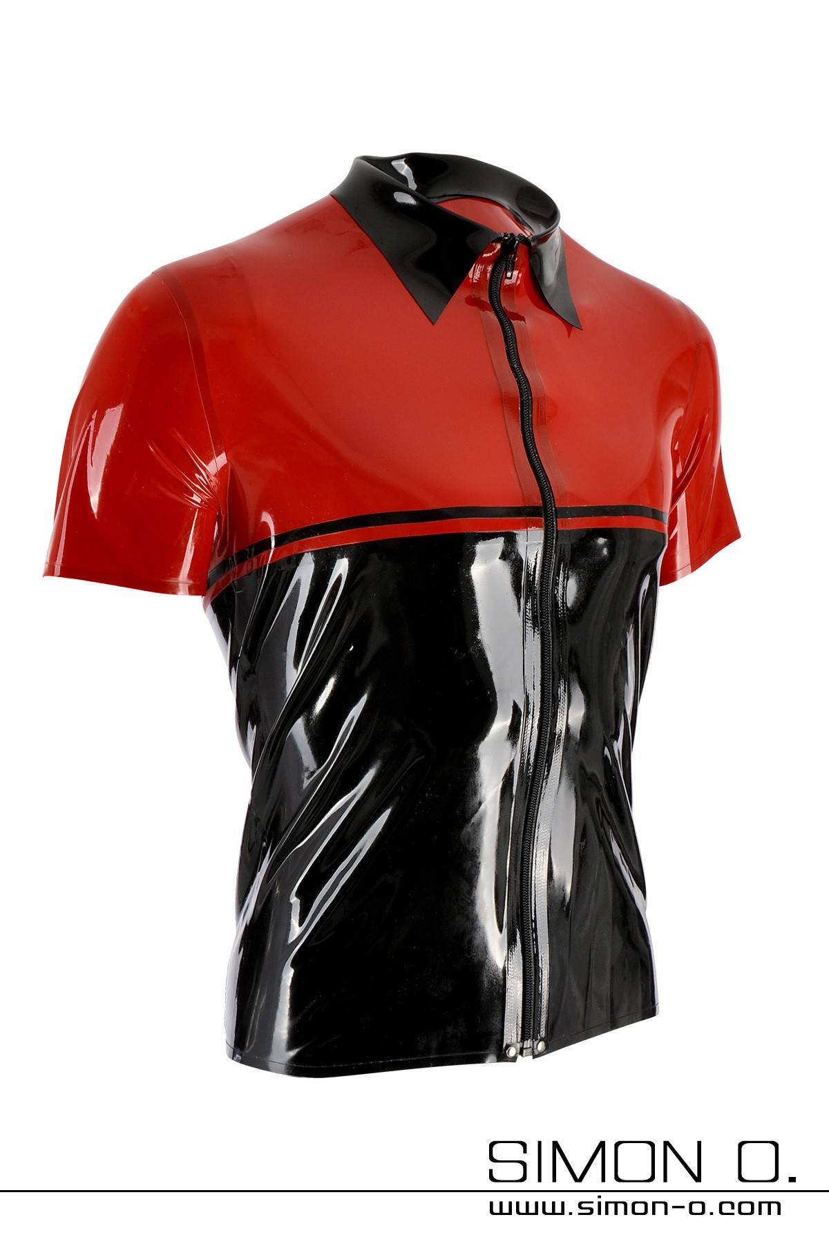 Latex Shirt mit Reverskragen in der Farbe Schwarz mit Rot und teilbaren schwarzen Reißverschluss vorne