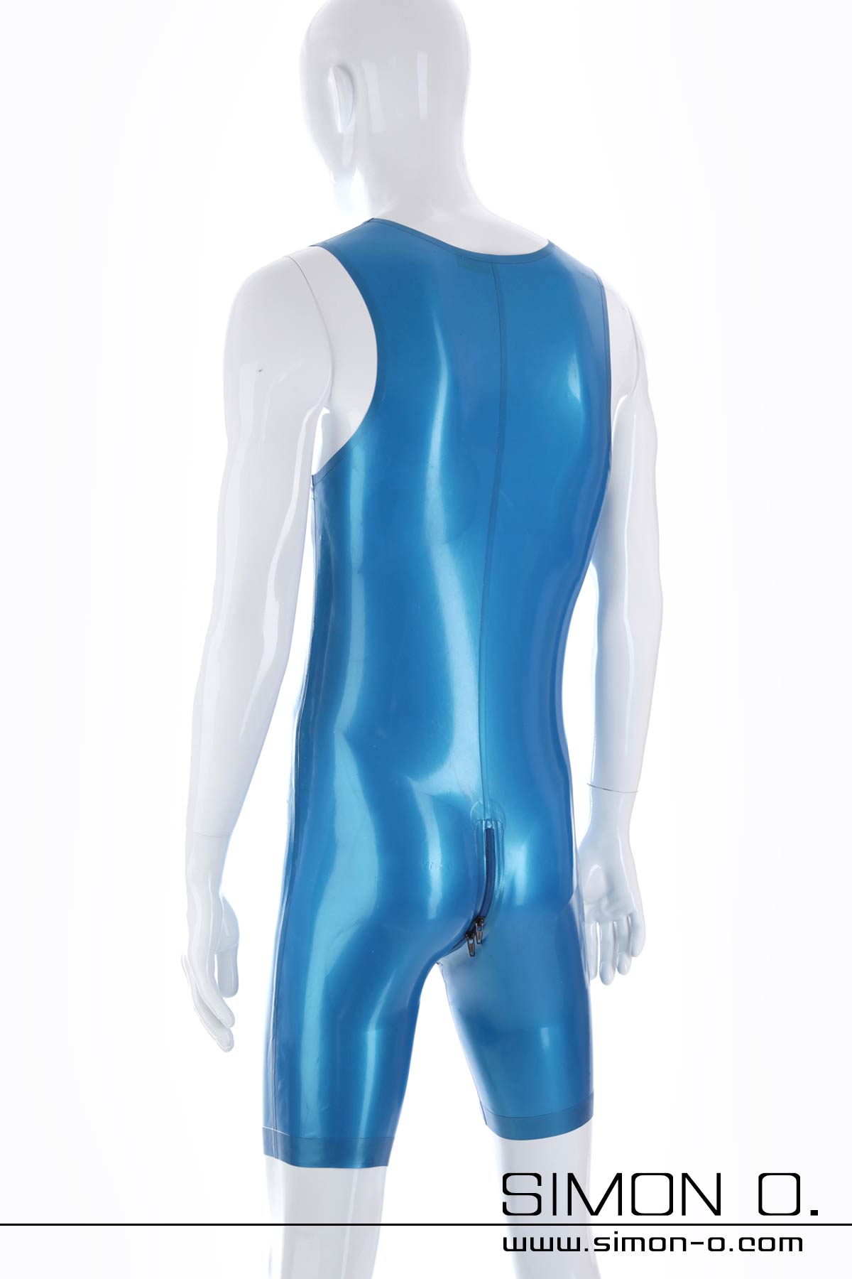 Sleeveless Men Latex Surfsuit in blue seen from behind