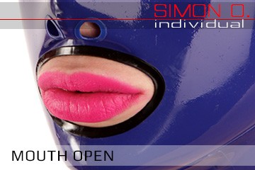 Slaves latex hood in black mouth open eyes closed with hairpiece in purple