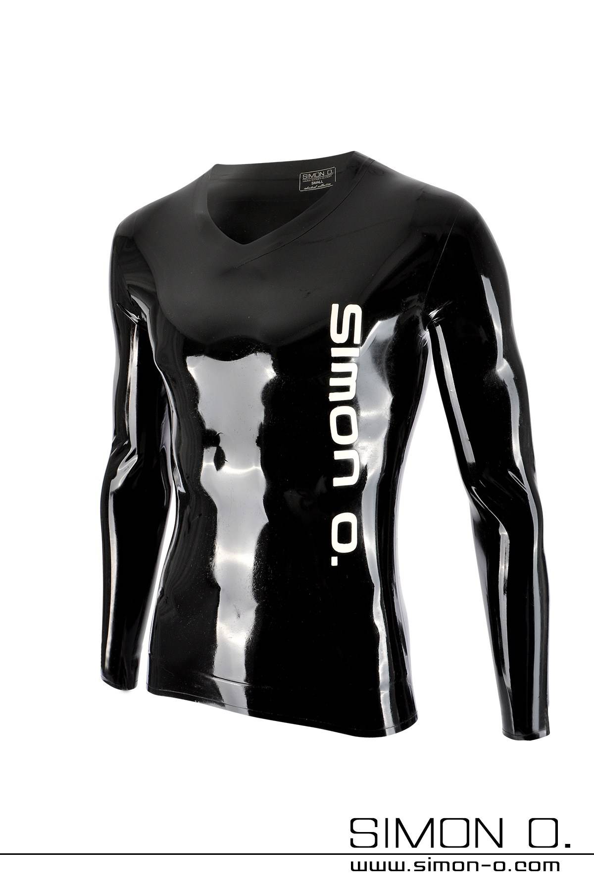 Shiny long sleeve latex shirt in black with white Simon O. Logo on the front side