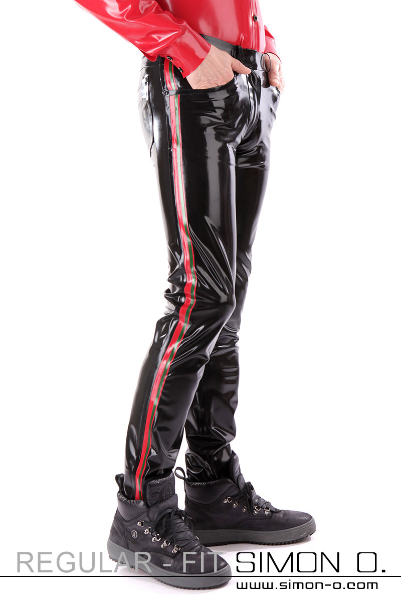 A pair of black men's latex jeans with red stripes on the sides