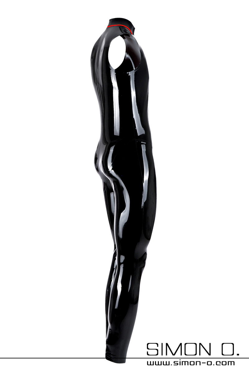 Skin tight sleeveless latex suit with stand-up collar in black with cock ring