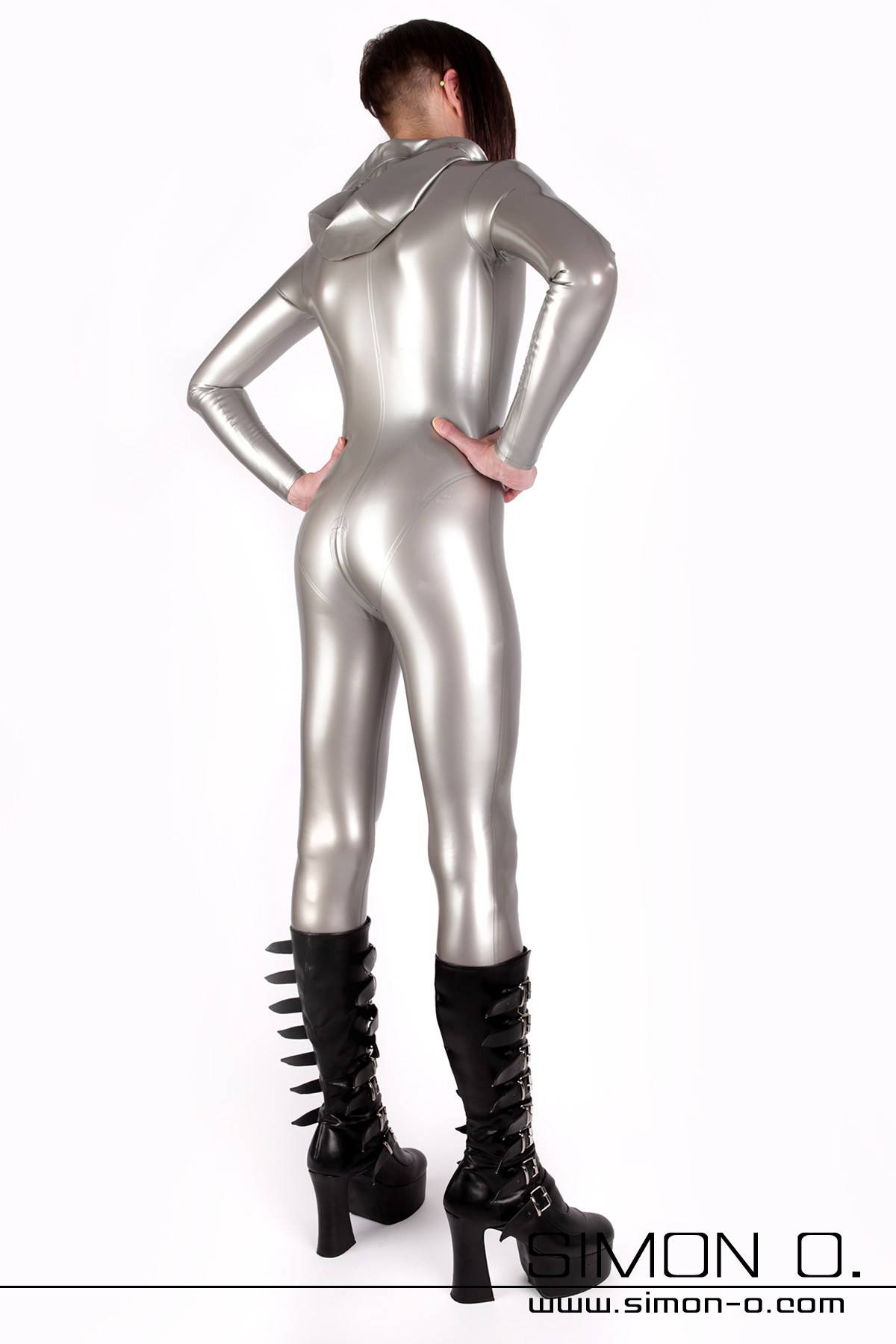 Latex suit with hood in silver with skintight fit seen from behind