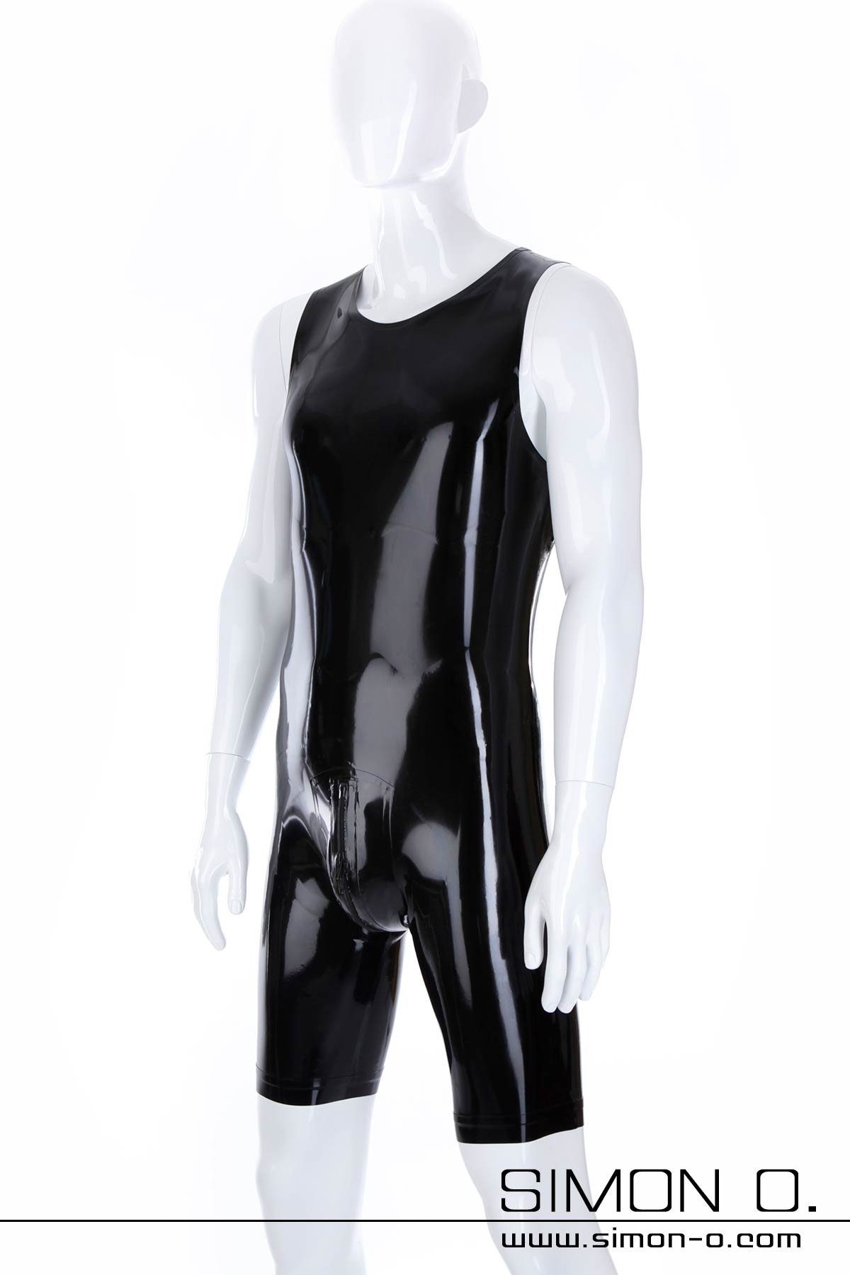 Black latex surfsuit with round neckline and zip in crotch