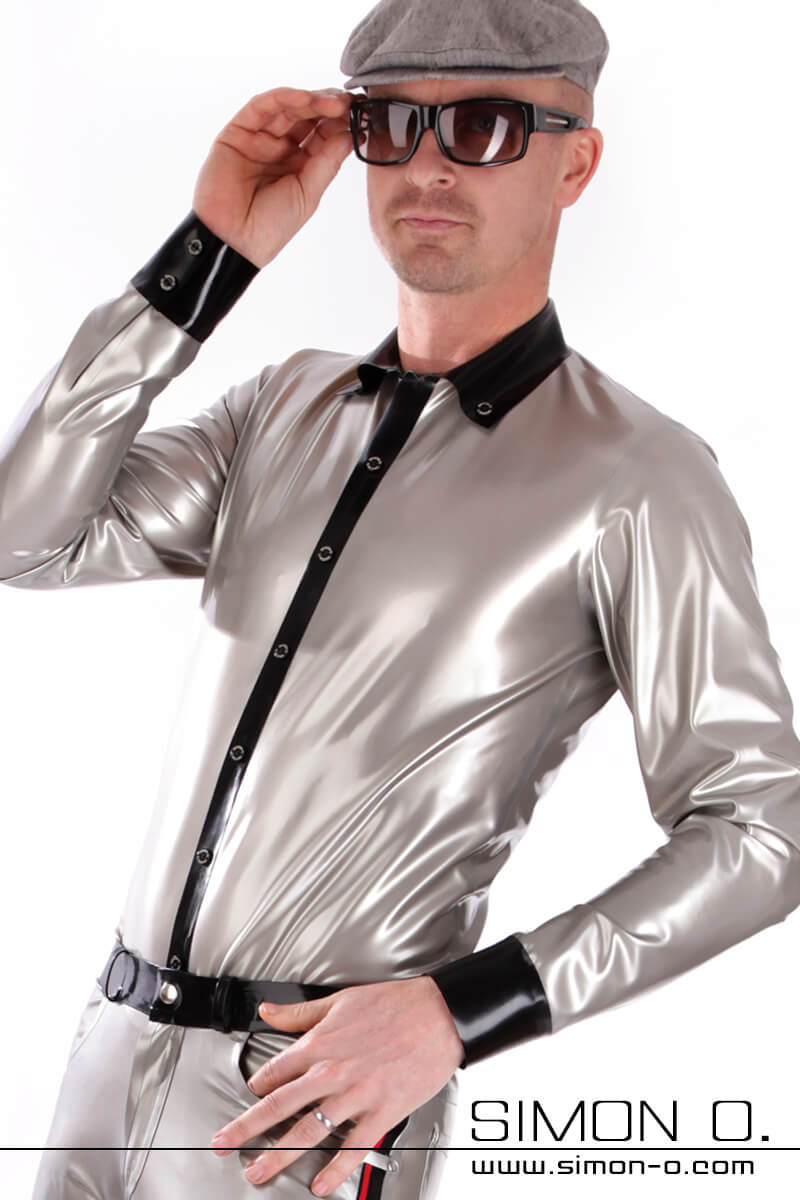 Shiny latex men shirt in silver with button facing and lapel collar in black